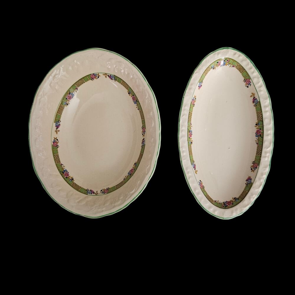 English Brambleberry Oval Serving Bowls Set Floral Green Rim Vintage